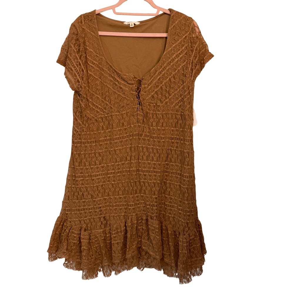 Lucky Brand Lace Mini Dress Womens XL Brown NEW Boho Ruffle Lace-Up CLLY/240